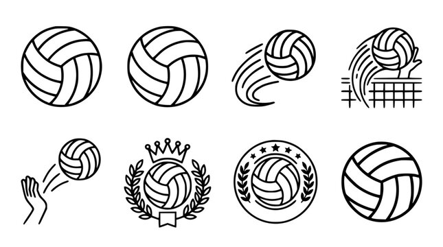 Volleyball icons set with flying ball over net hand serve crown and laurel wreath trophy vector illustration