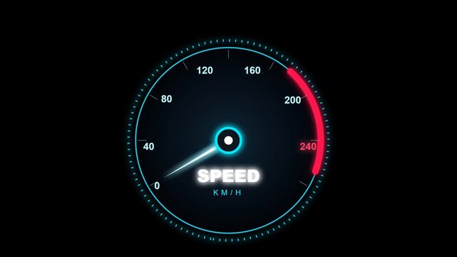 Futuristic digital speedometer with glowing blue needle, high speed car dashboard interface, neon automotive gauge showing rapid acceleration