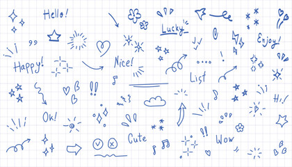 Hand-drawn blue ink doodle set on white grid paper, featuring stars, hearts, arrows, sparkles, flowers, and handwritten words like happy, lucky, and wow © Trendy_Desing