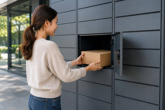 Woman retrieves a brown cardboard package from an automated grey locker terminal to facilitate efficient parcel delivery in a modern urban environment during the bright daylight hours of the.