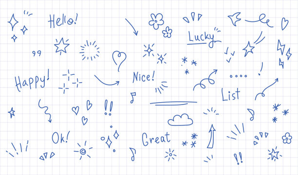 Hand-drawn blue ink doodle set with stars, hearts, arrows, flowers, and handwritten words on a white grid paper background