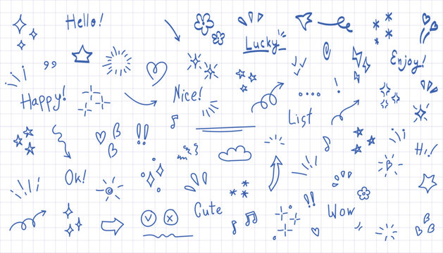 Hand-drawn blue ink doodle set on white grid paper, featuring stars, hearts, arrows, sparkles, flowers, and handwritten words like happy, lucky, and wow