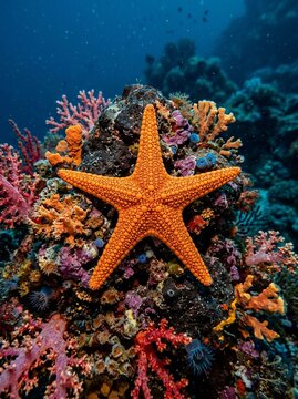 Vibrant orange starfish on colorful coral reef underwater scene