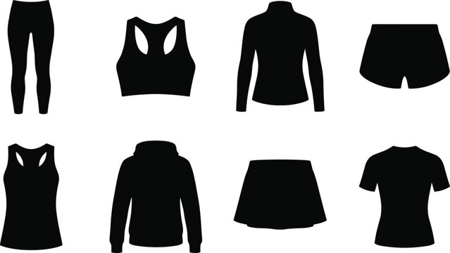 Collection of Women Sportswear Activewear and Fitness Clothing Silhouette Icons Isolated on White Background
