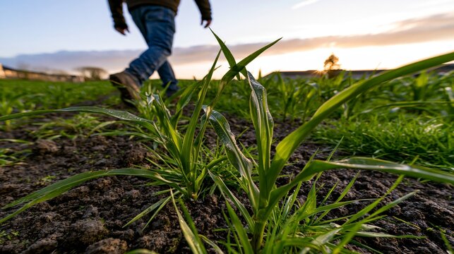 Farmers Walking Through Cornfield At Sunset Inspecting Young Corn Rows And Soil In Boots