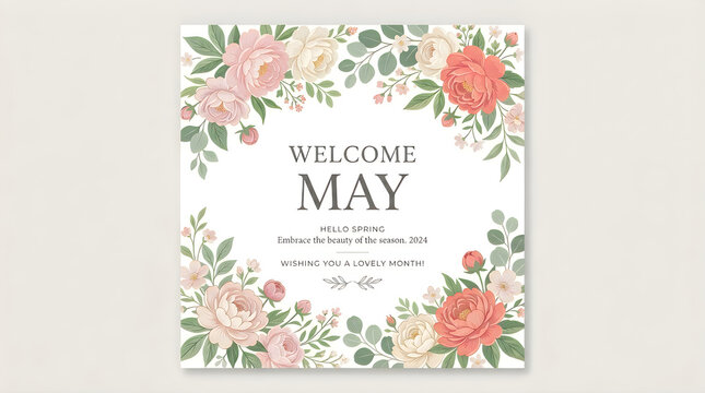 Floral border with spring blossoms and eucalyptus leaves framing welcome May text and spring greeting