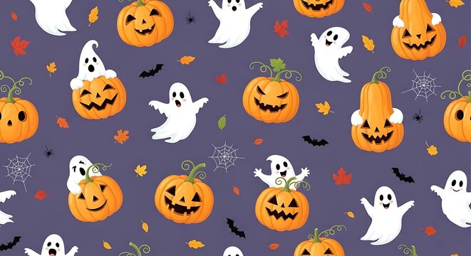 Halloween pattern jack o' lanterns ghosts spiders and fall leaves