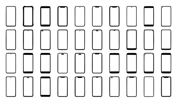 Smartphone Screen and Front Frame Line Icon Set Featuring Various Display Notches and Bezels for Mobile App Wireframes and Responsive Web Mockups