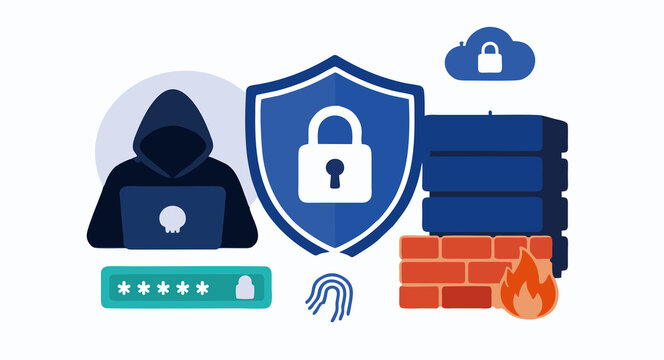Cyber security and data protection concept illustration. Hacker trying to cyberattack server database protected by firewall shield and biometric fingerprint login.