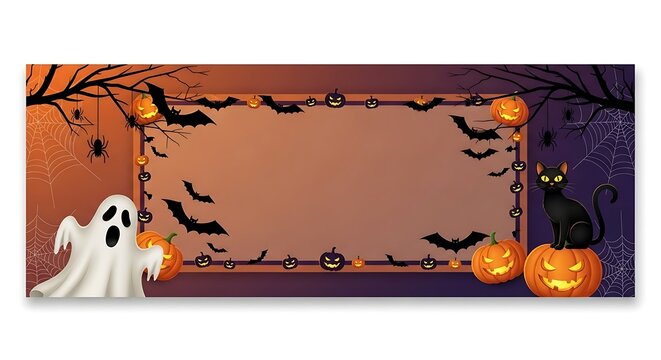 Spooky halloween banner with ghost bats and black cat