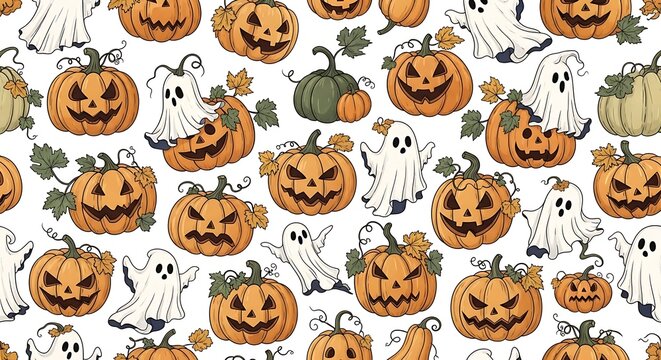 Halloween seamless pattern with jack o' lanterns and ghosts
