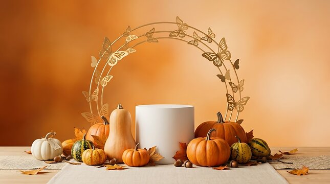 Autumn harvest still life with pumpkins and butterfly garland
