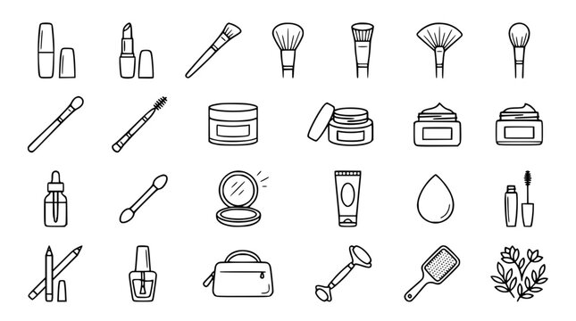Cosmetics and makeup product line icon set featuring lipsticks brushes skincare creams compact mirrors and beauty salon accessories vector symbols