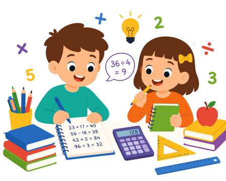 Two children study math with joy. They use pencils, calculators, and notebooks. Lightbulb shows problem-solving success. Numbers and symbols float around them. Their happy faces show curiosity
