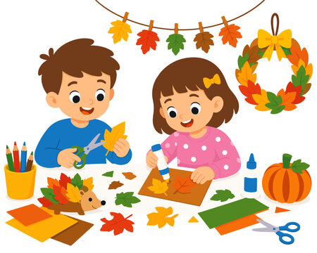 Children smile as they craft autumn decorations. They glue leaves onto paper with joy and creativity. Festive wreath hangs above their colorful scene. Scissors, glue, and pumpkins lie ready for fun