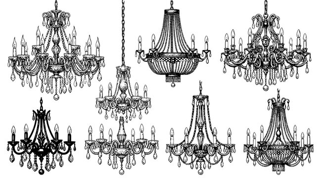 Elegant crystal chandeliers vector collection featuring vintage hanging ceiling lamps gothic candelabras classic luxury baroque lighting fixtures and ornate interior sketch illustrations