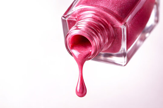 Pink Shimmer Nail Polish Dripping from Open Bottle on White Background