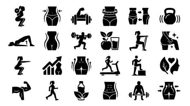 Fitness and female body shaping glyph icon set featuring weight loss transformation gym workouts slim waistlines and healthy nutrition symbols