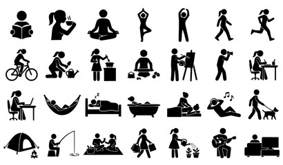 Fototapeta premium Black silhouette lifestyle and leisure icon set with relaxation daily routines hobbies wellness and everyday activity symbols isolated on white background