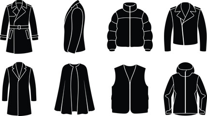 Set of winter outerwear and jackets black silhouette icons vector illustrations including trench coat puffer and leather jacket © Rahim 