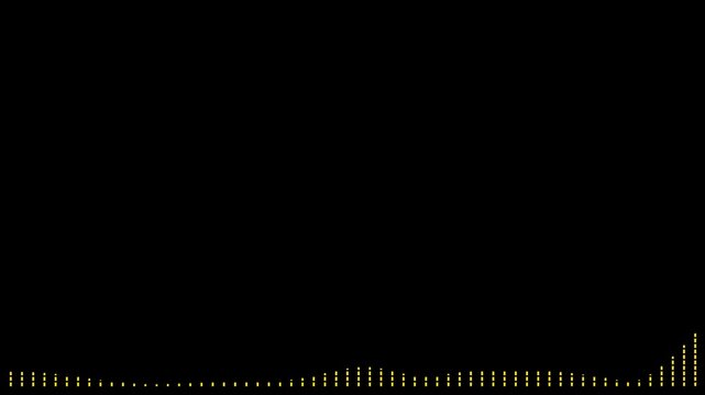 Yellow audio spectrum analyzer bars glowing over transparent on black screen background, digital sound visualization, reactive waveform animation, abstract style, seamless ultra HD motion graphics.