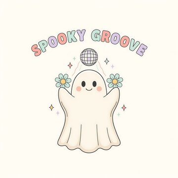 Cute ghost with flowers and disco ball halloween design