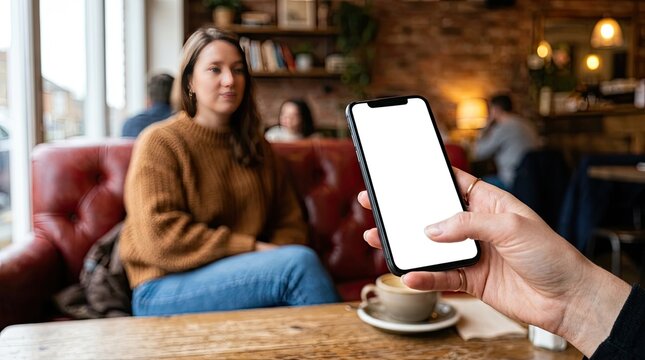 Realistic phone mockup in cafe setting showcase your app or design with lifestyle presentation