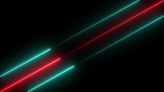 Dynamic Futuristic Abstract Background with Glowing Red and Teal Neon Light Lines. This vibrant motion graphic features parallel luminous stripes moving diagonally on a deep black background