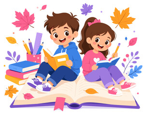 Two children sit happily on a giant open book. They smile while reading and writing together. Fall leaves float around them in soft colors. School supplies rest beside their cheerful expressions