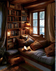 Fototapeta premium Cozy Home Library Reading Nook with Soft Lighting and Wooden Furniture for Book Lovers in a Warm, Relaxing Environment