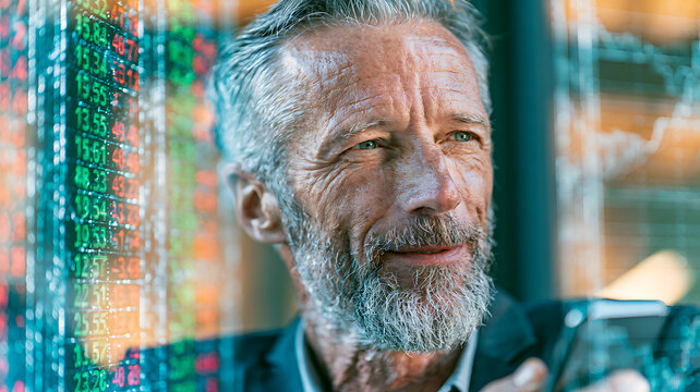 A thoughtful senior man with gray hair and beard looking at something with a blurred stock market data display in the background