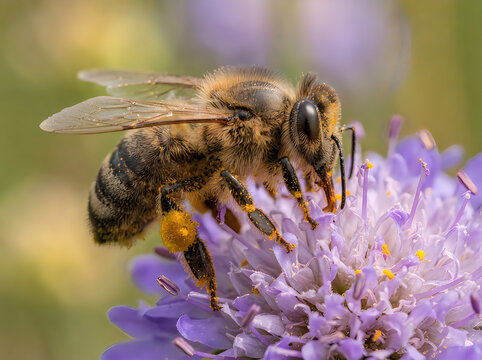 Macro shot of a honey bee collecting nectar and pollen on a purple flower in a garden with pollination honeybee wildlife blooming environment ecological colorful