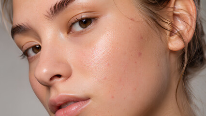 Obraz premium Close-Up Portrait of a Beautiful Young Woman with Natural Freckles, Light Brown Hair and Soft Hazel Eyes Looking Away