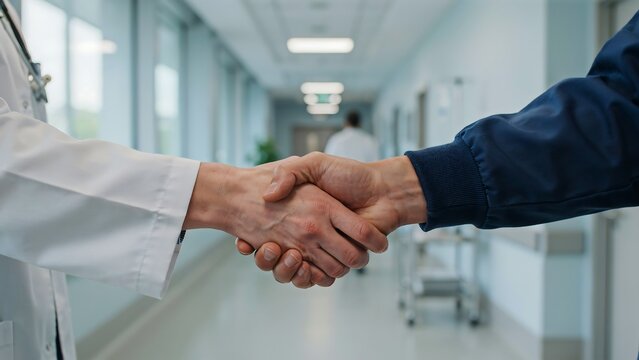 Doctor and patient agreement a handshake in a hospital corridor