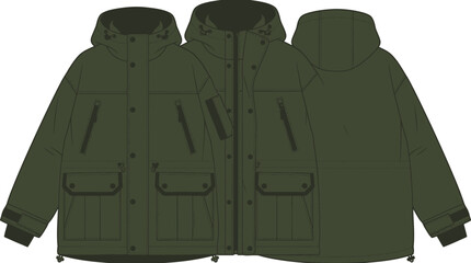 Olive green parka jacket flat technical illustration on white background © Design Bari