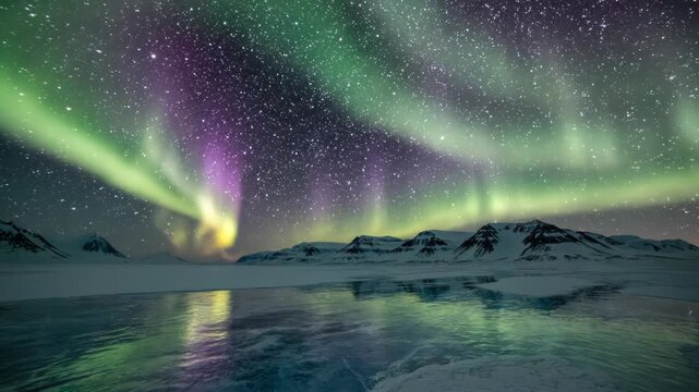 Breathtaking aurora borealis dancing over a frozen arctic landscape with a reflective icy surface under a starry night sky