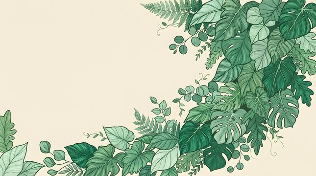 Tropical leaves botanical illustration with beige background