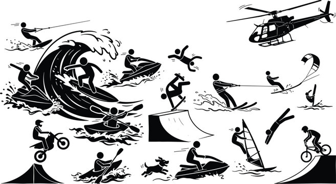Extreme sports and water activities pictogram icon set featuring surfing jet ski water skiing skateboarding motocross windsurfing and helicopter stunt vector illustration.