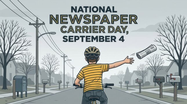 National Newspaper Carrier Day delivery boy throwing paper. Young male cyclist distributing morning news on September 4th in suburban neighborhood.