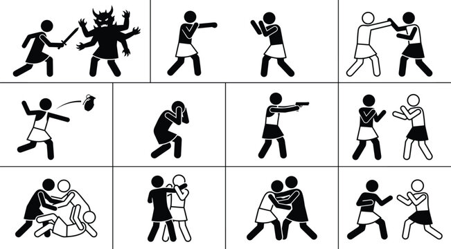 Fighting combat and martial arts pictogram icon set showing warrior battle monster sword boxing gun and grenade vector illustration.