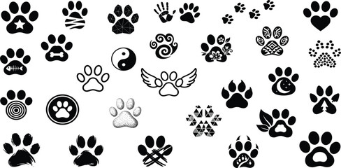 Animal Paw Print Silhouette Icon Set with Creative Decorative Styles, Abstract Patterns, Pet Footprint Elements, and Wildlife Tattoo Vector Graphics © MdSirazul