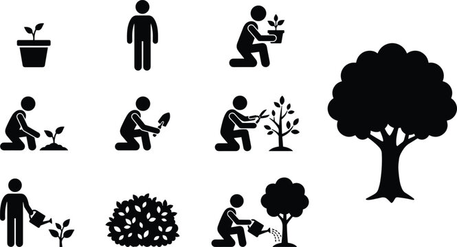 Gardening and planting icon set featuring stickman gardener watering plants pruning bushes digging soil potting sprouts and large tree glyph vector