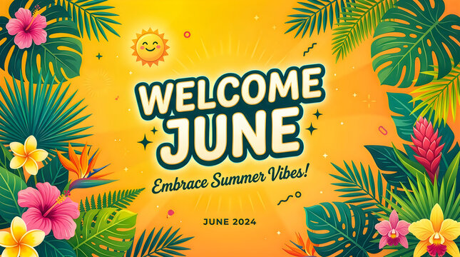 Welcome June with bright summer vibes and tropical foliage against a warm gradient background