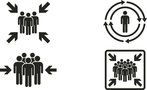Assembly Point and Meeting Place Icon Set with Gathering Crowd People Avatars and Directional Arrow Symbols for Emergency Evacuation and Safety Signs