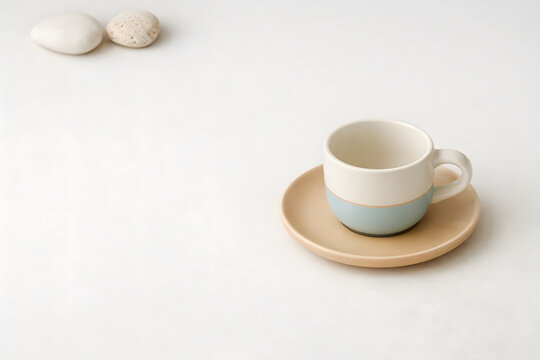 Ceramic Coffee Cup with Saucer and White Pebbles on White Background