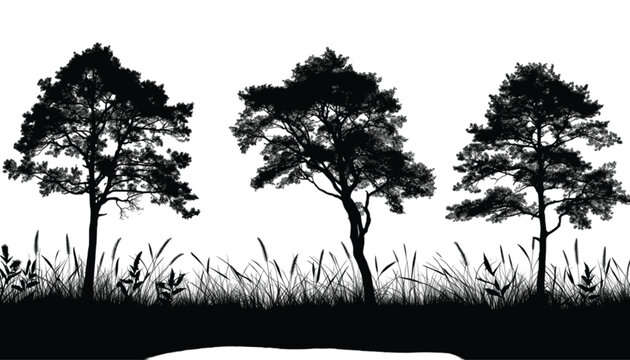 Trees rooted in a grassy field appear as elegant black silhouettes against a plain white background offering a versatile and clean graphic resource for various creative and artistic design projects.