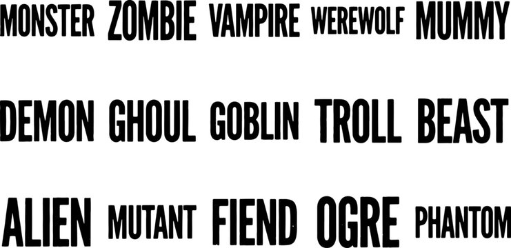 Monsters and mythical creatures in bold lettering on a transparent background