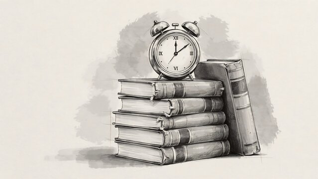 Vintage books and alarm clock sketch illustration