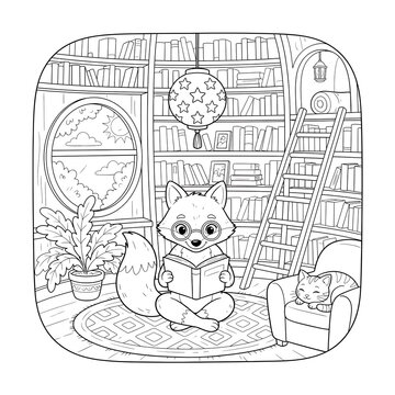 Cozy fox reading in a whimsical home library illustration