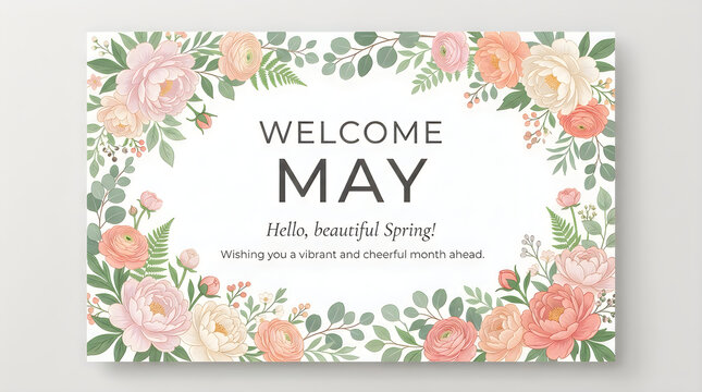 Welcome May with floral border and spring greetings for a cheerful season